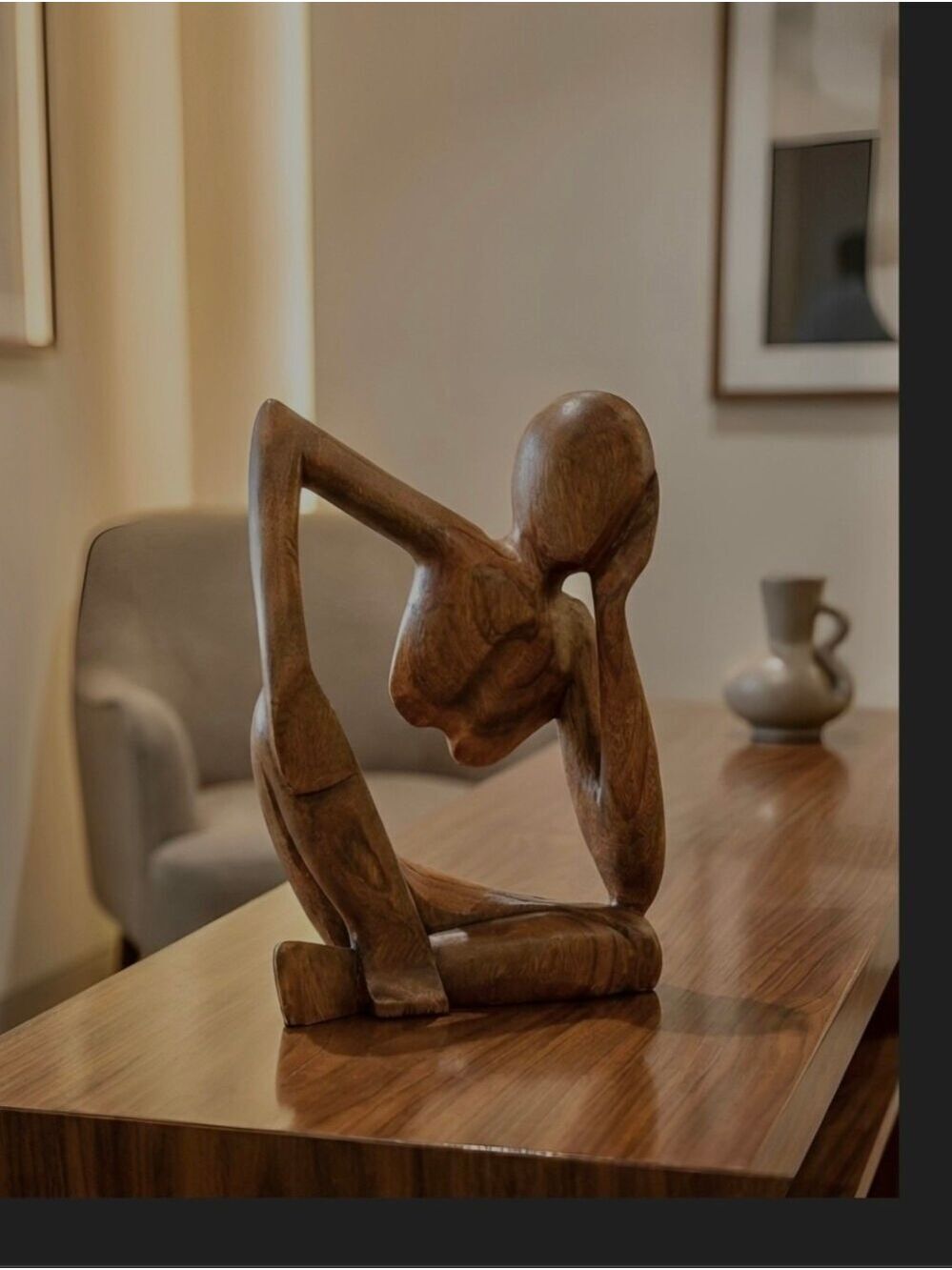 G6 Collection Large Hand-Carved Suar Wood Thinking Man - Picture 10 of 10